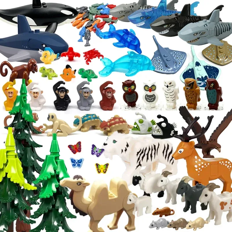 MOC Tier-Bausteine Wald-Zoo Säbelzahntiger Bär Elch Elefant Adler Hai Affe Löwe Mini-Bausteine Spielzeug Kindergeschenk S09