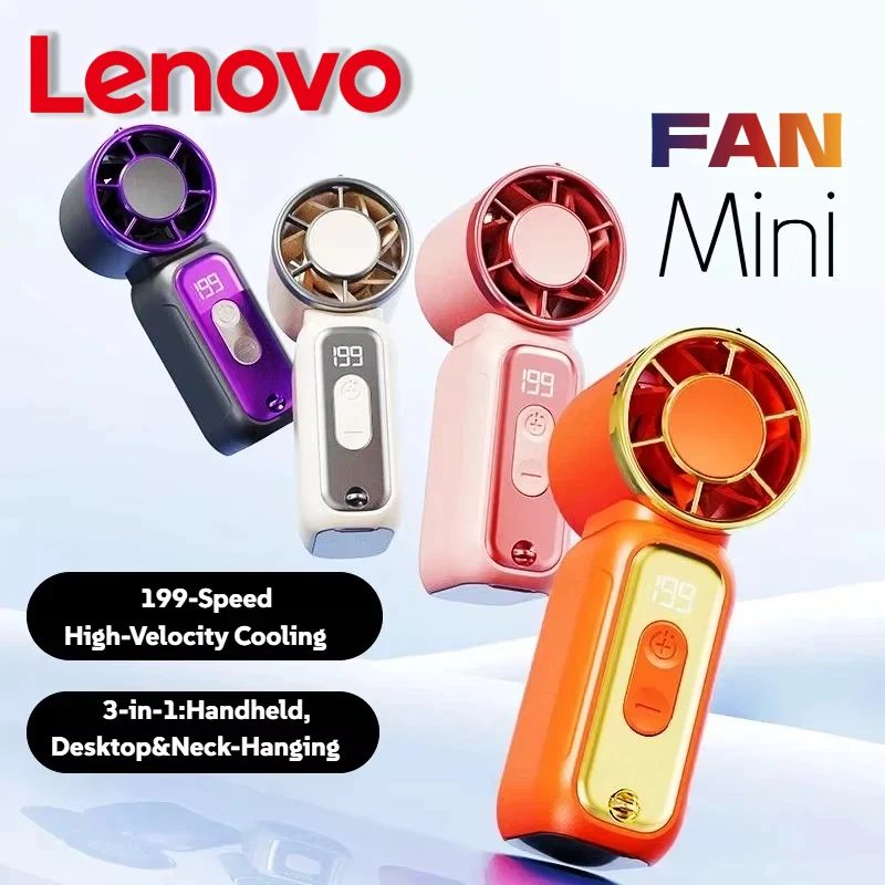 Lenovo Ultra-leiser Ventilator, kraftvoller Wind, Sommer-Super-Mini-USB-wiederaufladbarer, leiser Taschenventilator mit digitaler Anzeige, hohe Geschwindigkeit, neu