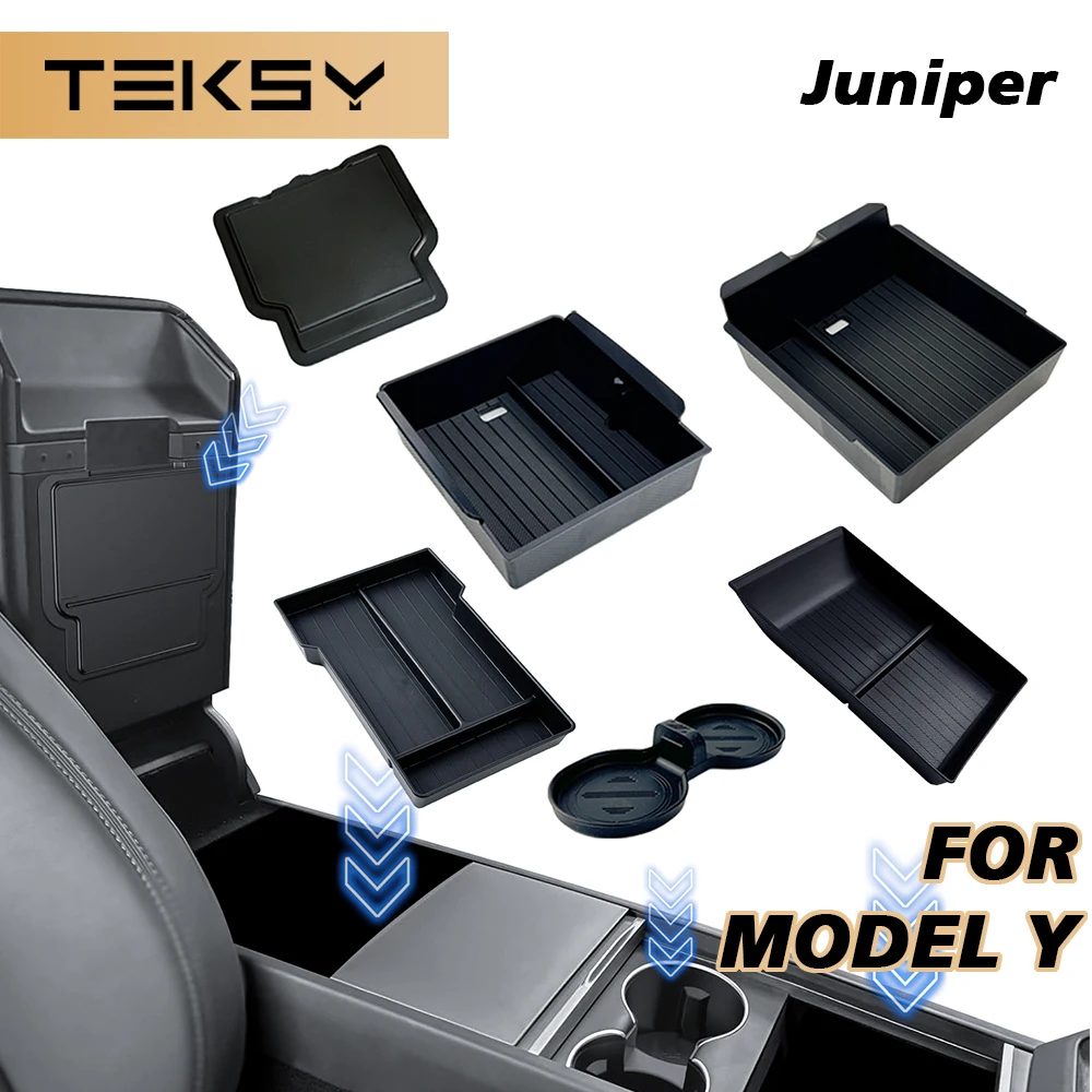 TEKSY 1/2/3/4/6/7/8-teilig für Tesla Neues Modell Y 2025 2026 Juniper ABS mit Silikon-Antirutschmatte Konsole & Armlehnen-Aufbewahrungsbox