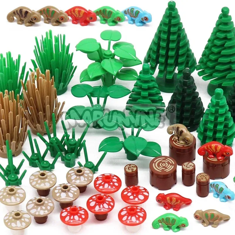 MARUMINE 48PCS-54PCS MOC Bausteine Zubehör Set Dschungel Garten Stadtansicht Ziegel Modus Teile Eidechsen 2435 3471 6064 14769