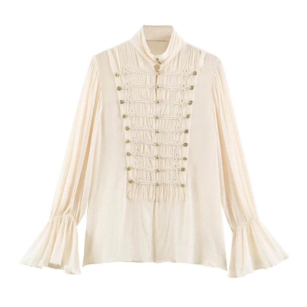 2026 Sommer Damen Vintage Chinesische Bluse mit geknoteten Knöpfen, langen ausgestellten Ärmeln, elegant, locker geschnitten, mit Rüschen und Stehkragen