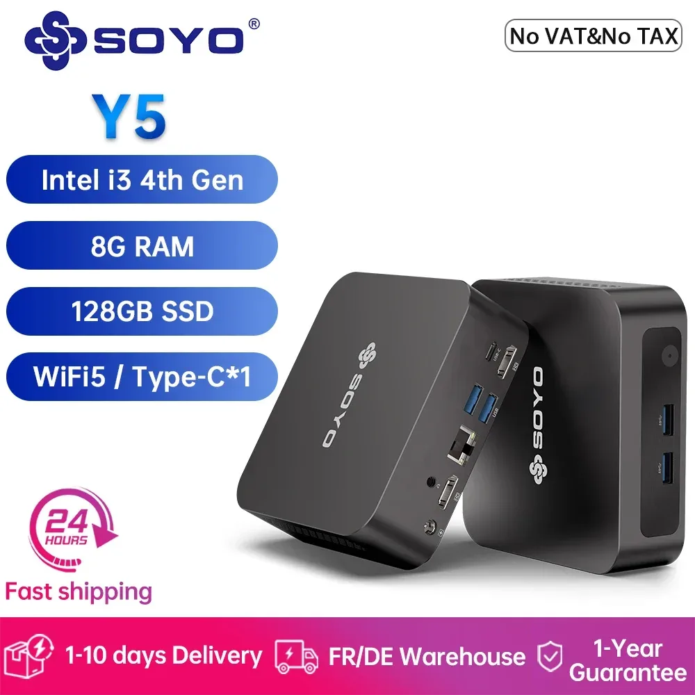 SOYO Y5 Mini-PC Intel Core i3 4. Generation 8 GB RAM 128 GB SSD Mini-Computer Windows 10 Pro 4K Dual Display Desktop-Computer WiFi 5 Typ-C