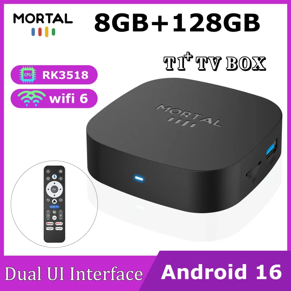 2026 Neue Smart-TV-Box T1+ RK3518 Android 16 WiFi 6 BT 5.4 Dual-UI-Schnittstelle 8K Ultra HD 8 GB RAM 128 GB ROM Smart Media Player