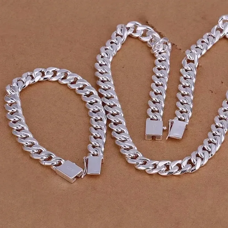 Heiße klassische 10 mm quadratische Kette 925 Sterling Silber Armband Halskette Schmuck-Set für Männer 20/22/24 Zoll Mode Party Urlaub Geschenk