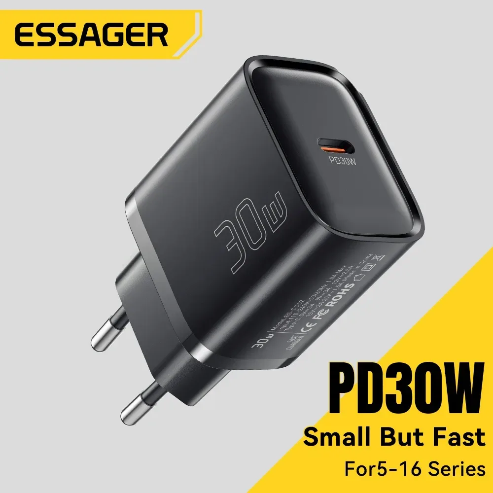 Essager Mini 30 W Typ C Ladegerät PD QC3.0 Schnelles Typ C Ladegerät für iPhone 16 15 14 13 Pro Samsung S25 Xiaomi iPad Reiseadapter