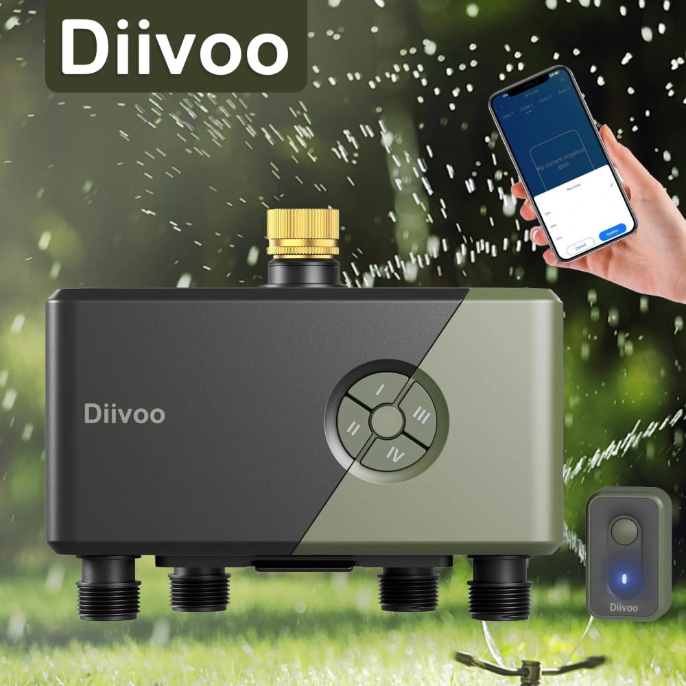 Diivoo Garten-WLAN-Bewässerungstimer für 1/2/3/4 Zonen, Automatischer Bewässerungstimer, Bewässerungssystem-Controller mit Regenverzögerung und Manueller Bewässerung