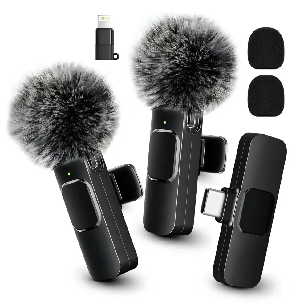 Kabelloses Mini-Lavalier-Clip-Mikrofon mit flauschiger Windschutzhaube, Dual-Port-Typ-C- und Lightning-Adapter für iPhone, Android, Tablets, Laptop