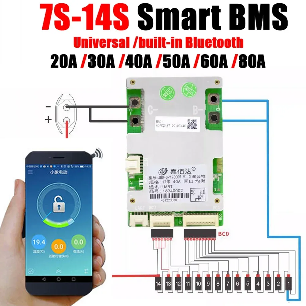 7S ~ 17S JBD Bluetooth Smart BMS 10S 12S 13S 14S 16S Lithium-Batterie Schutz Bord 24V 36V 48V 52V 60V Li-Ion Lipo 20A 40A 60A