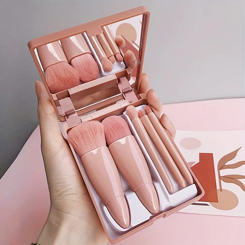 5-teiliges tragbares Make-up-Pinsel-Set mit Spiegel ? faltbares Reise-Set, Mini-Make-up-Pinsel-Set, Reise-Make-up-Pinsel-Set