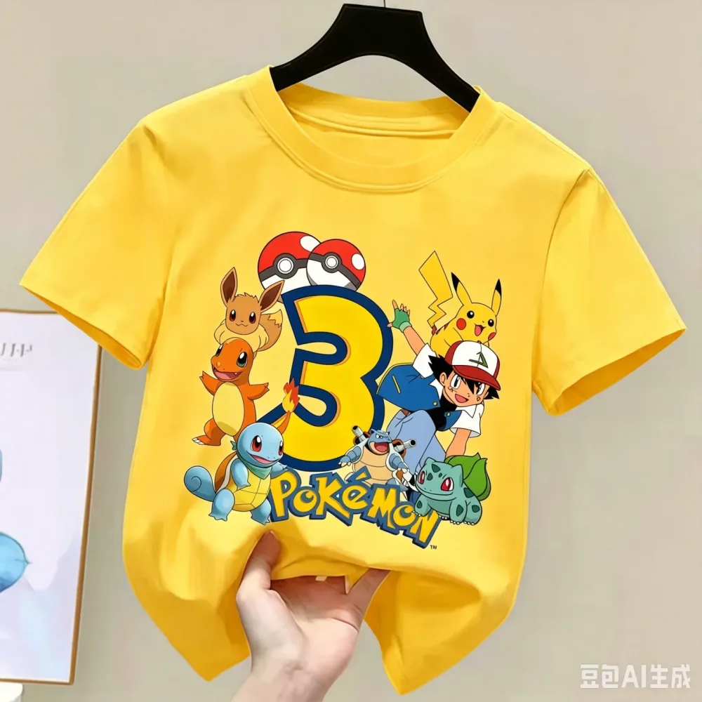 2026 Pikachu Kinder T-Shirts mit Geburtstagsnummer 1-9 Bedruckt T-Shirt Jungen Mädchen Sommer Kurzarm Oberteile Kinderkleidung