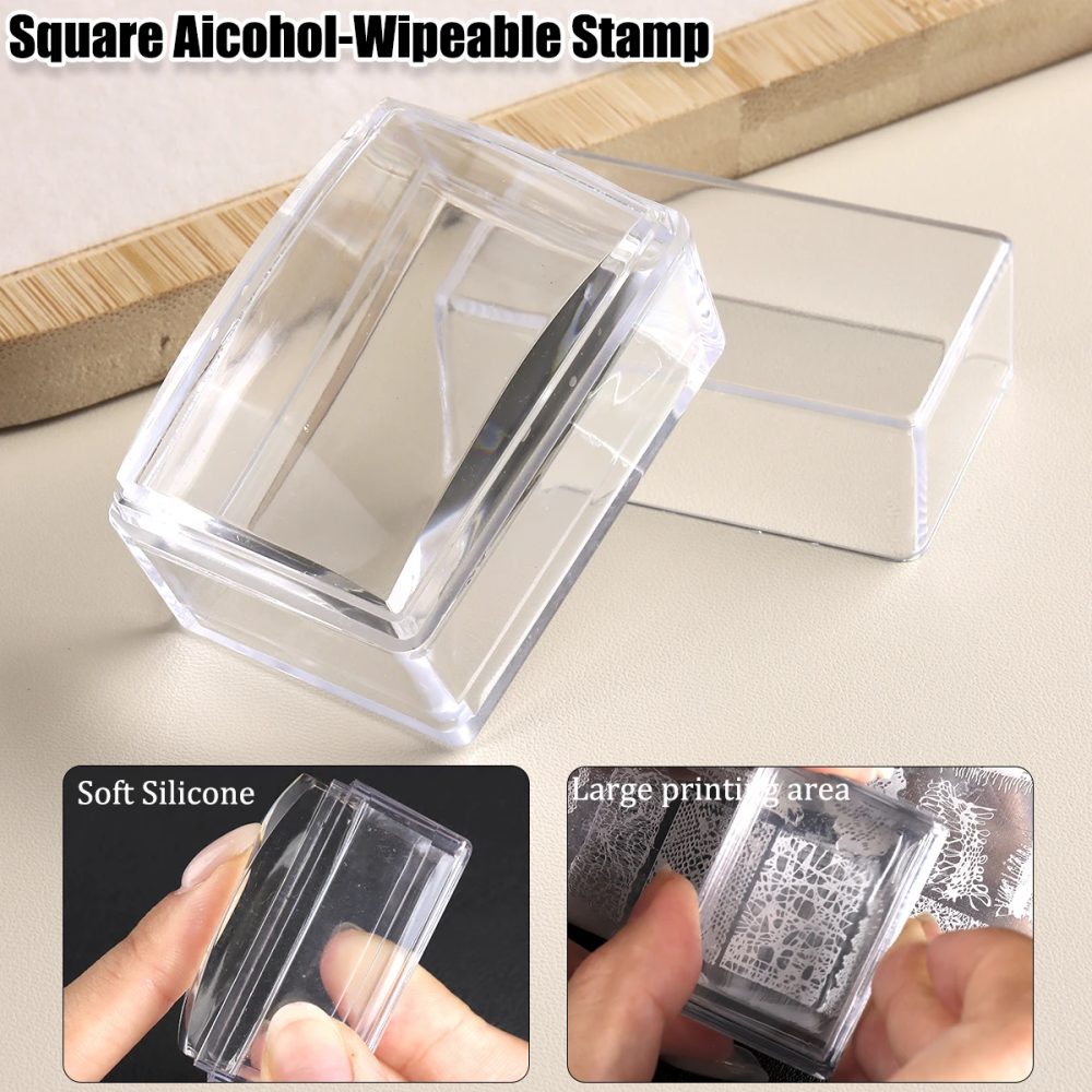 Quadratisches, klares Silikon-Nagelstempelset, alkoholreinigbar, geeignet für große Stempelplatten, inklusive Schaber und Ersatzstempelköpfe.