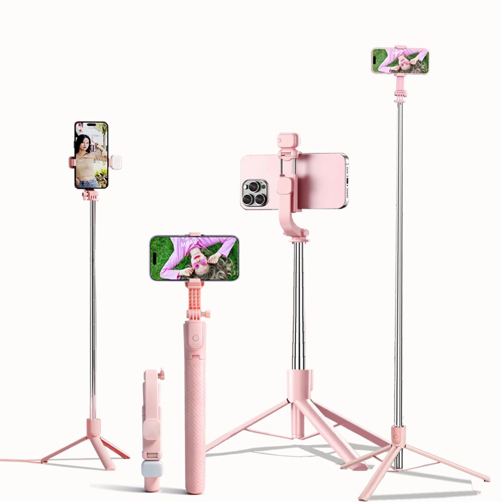 Ausziehbares Aluminium-Selfie-Stick-Stativ, Fülllicht und Bluetooth-kompatible Fernbedienung, kompatibel mit iPhone/Android, für Reisen