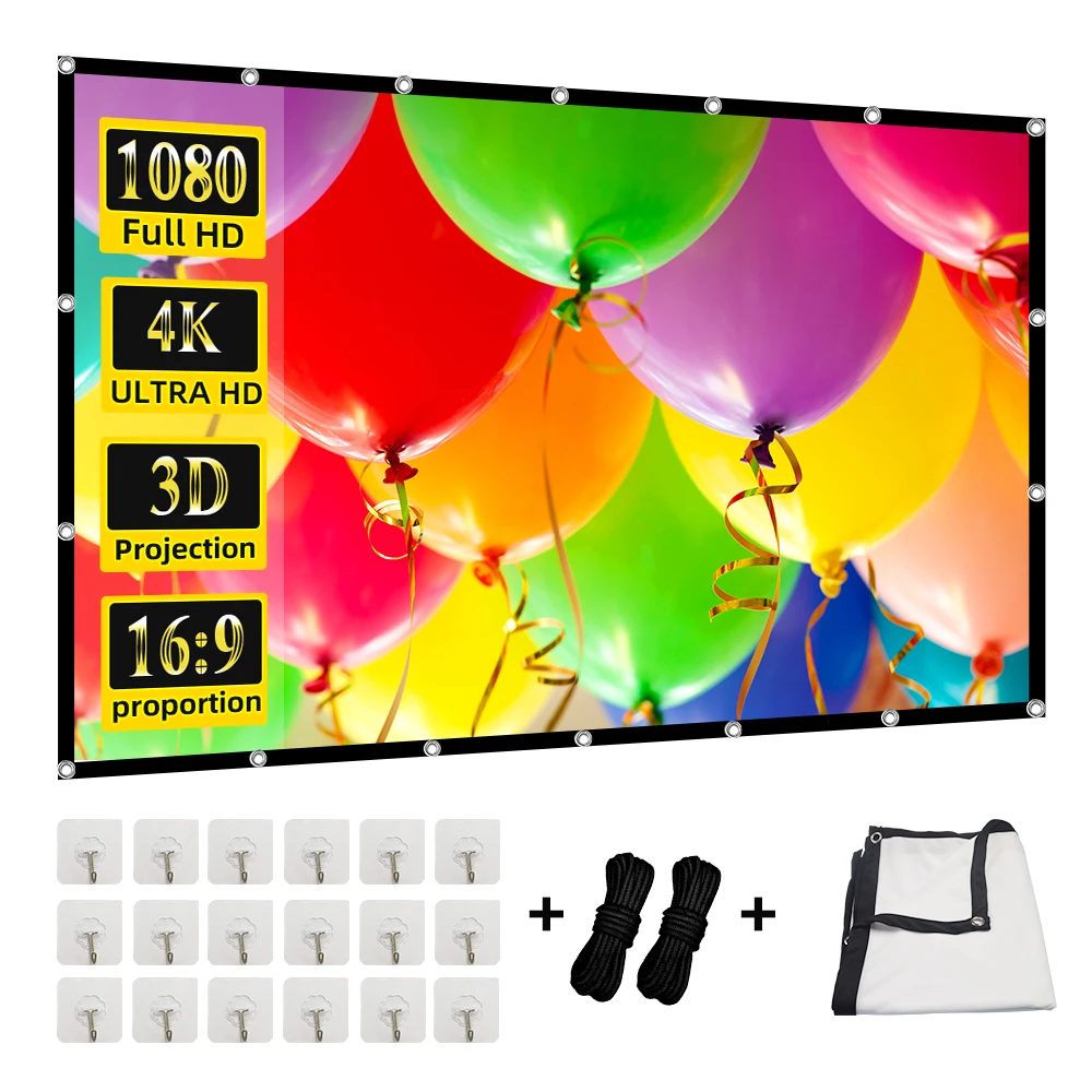 MIXITO Projektionsvorhang, 16: 9 Verhältnis, hohe Dichte, 60?200 Zoll, faltbar, knitterfrei, tragbare Filmprojektor-Leinwand