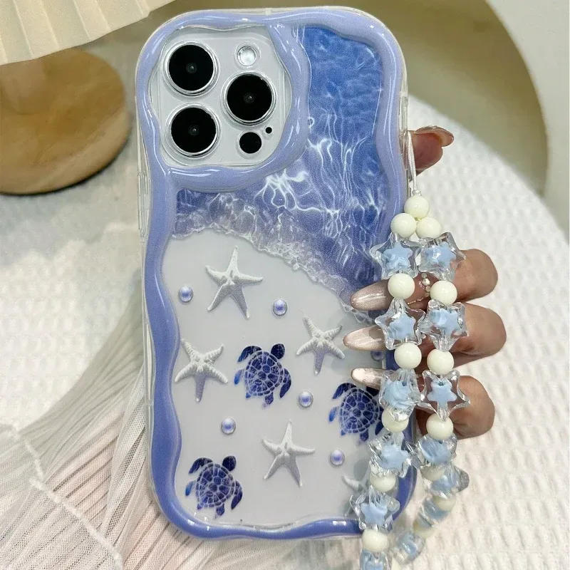 Sommer-Schildkröten-Meerselemente Handyhülle mit Wellenkante für iPhone 18 17 16 15 14 13 12 11 Pro Max Plus 17E Klare Perlenband-Hülle