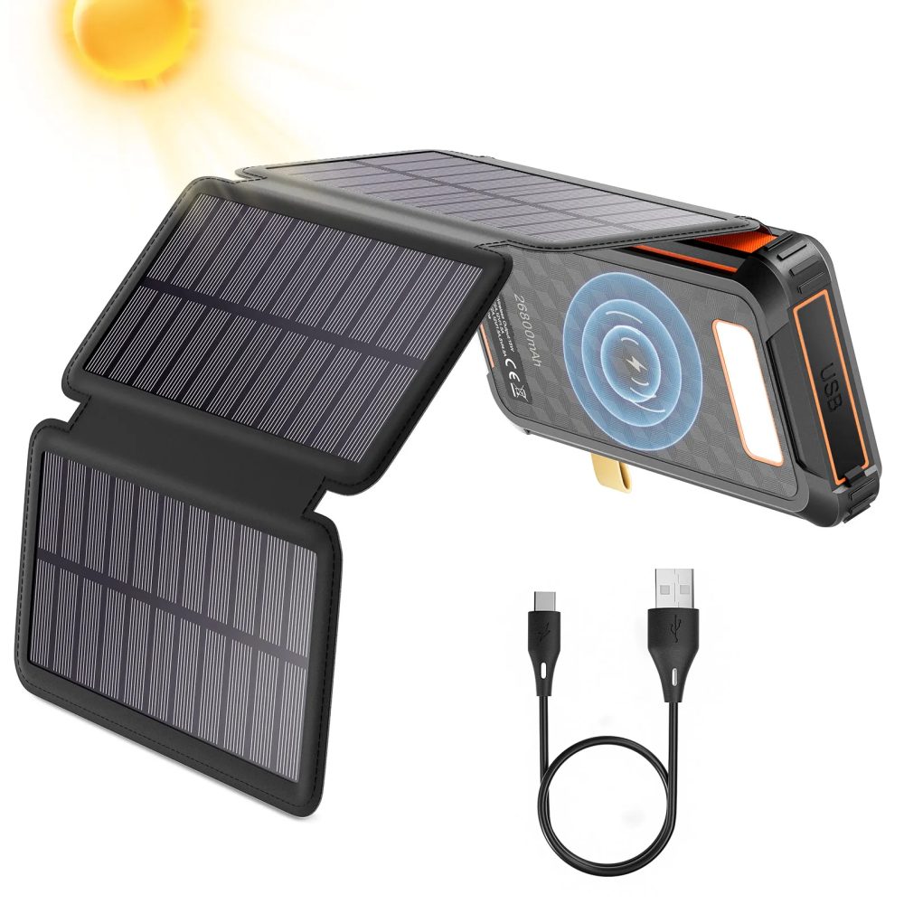Solar-Powerbank, SenDeluz 26800 mAh Solar-Ladegerät, Powerbank, Solar-Powerbank, integrierte 4 Kabel und kabelloses Laden