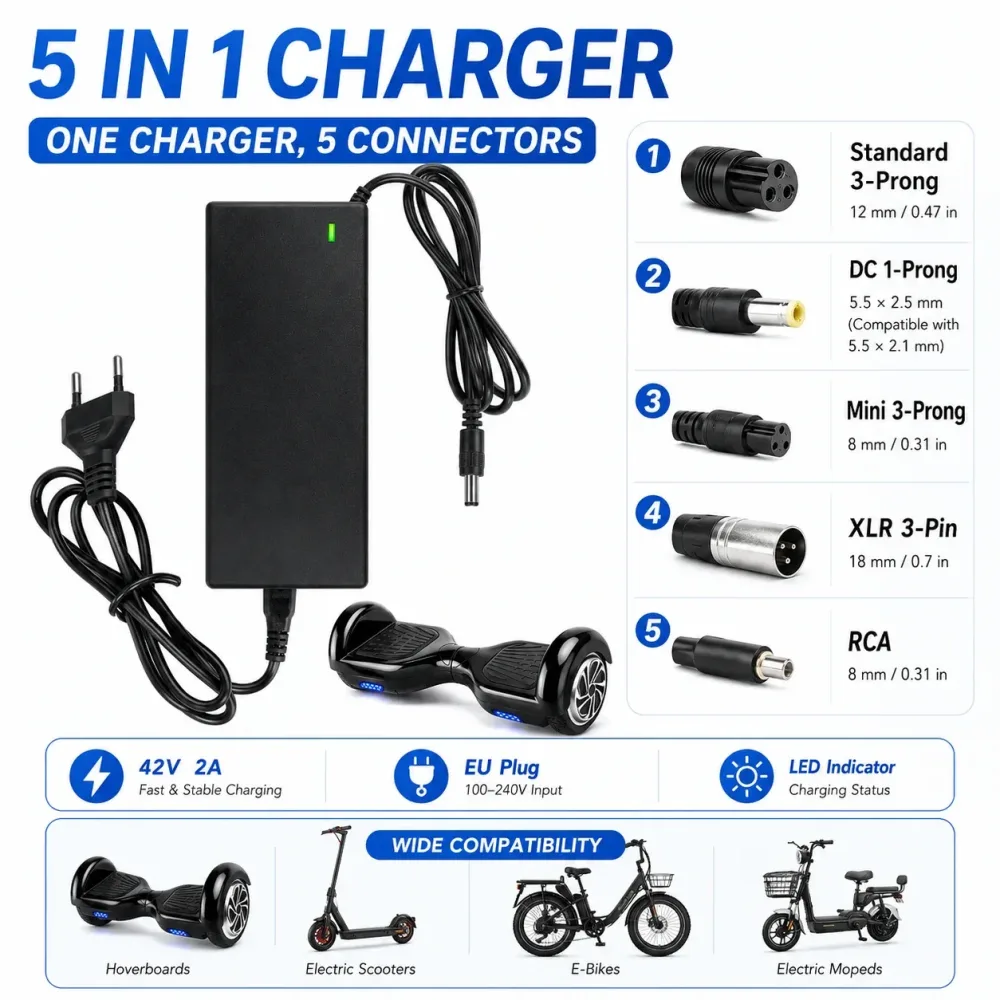 42V 2A Elektroroller-Ladegerät 5-in-1 Universaladapter DC 42V Stromversorgung für 36V Lithium-Batterie Hoverboard E-Bike Balance Bike XLR 5.5x2.5mm 8mm 9mm 12mm Stecker LED-Ladegerät