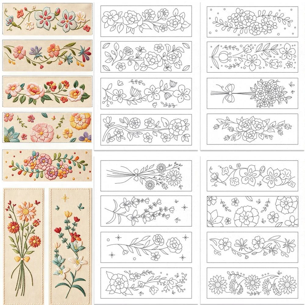 Blumenmuster, vorgedruckte Stickmuster, auflösbarer wasserlöslicher Stabilisator, selbstklebende Vlies-Stickaufkleber für Heimwerker