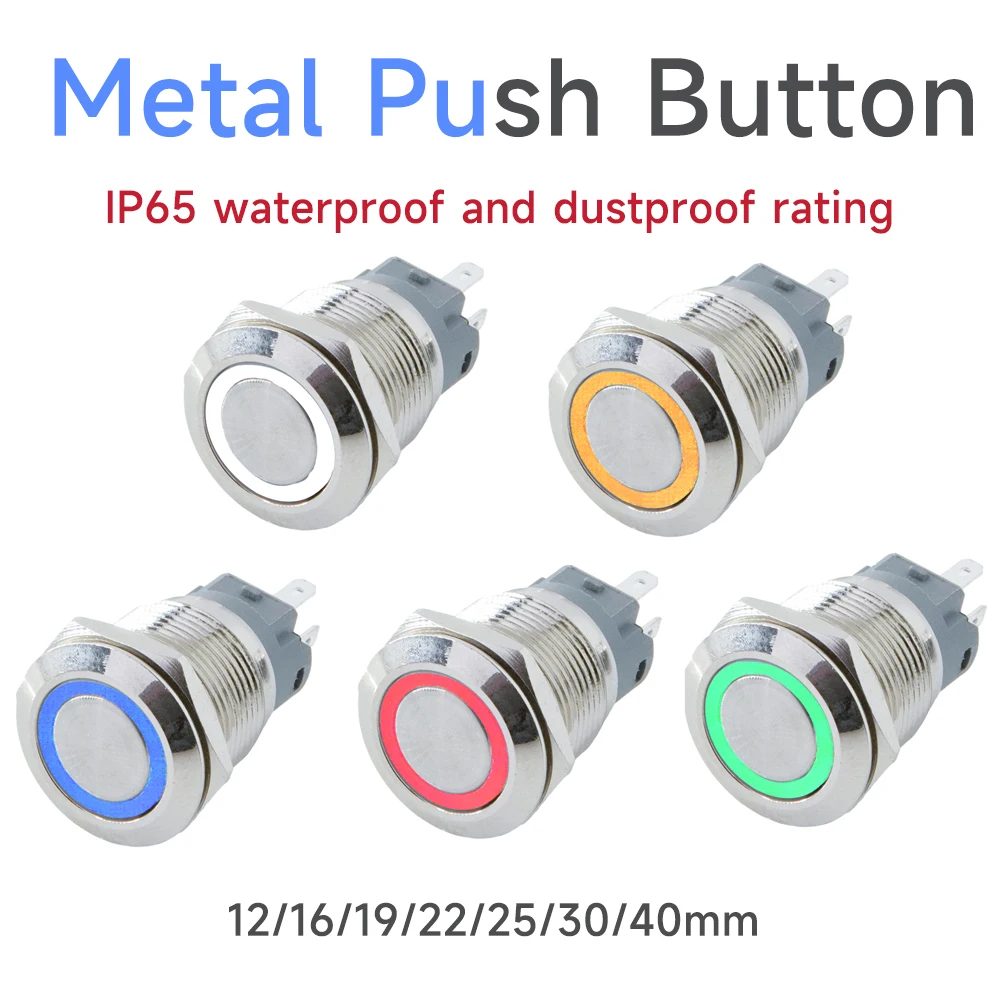 12 mm, 16 mm, 19 mm, 22 mm, Metall-Druckknopf, Ein-/Aus-Schalter, selbstrückstellendes Stromschloss, LED-Licht, wasserdicht, flacher runder Knopf, 3?220 V, IP65