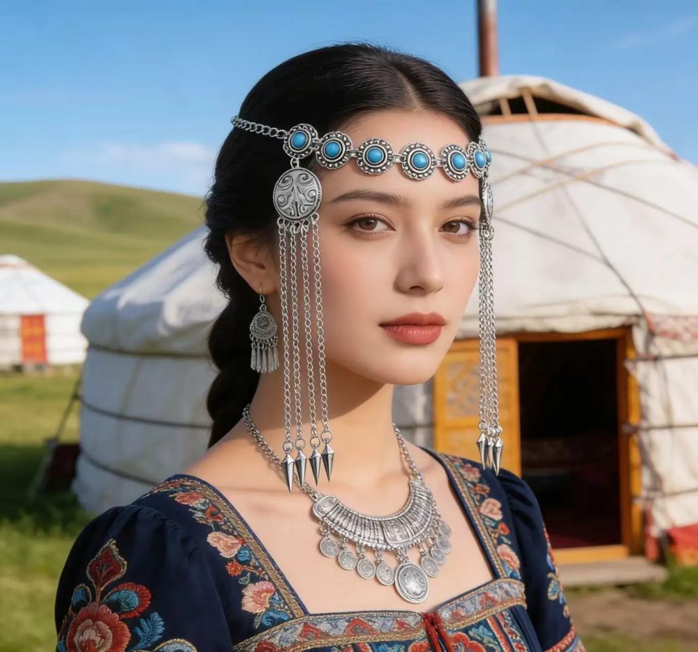Kasachische Mikroimitation Türkis Stirnkette Ethno-Stil Antike Silber Quaste Haarband Zubehör Xinjiang Kashgar Travel