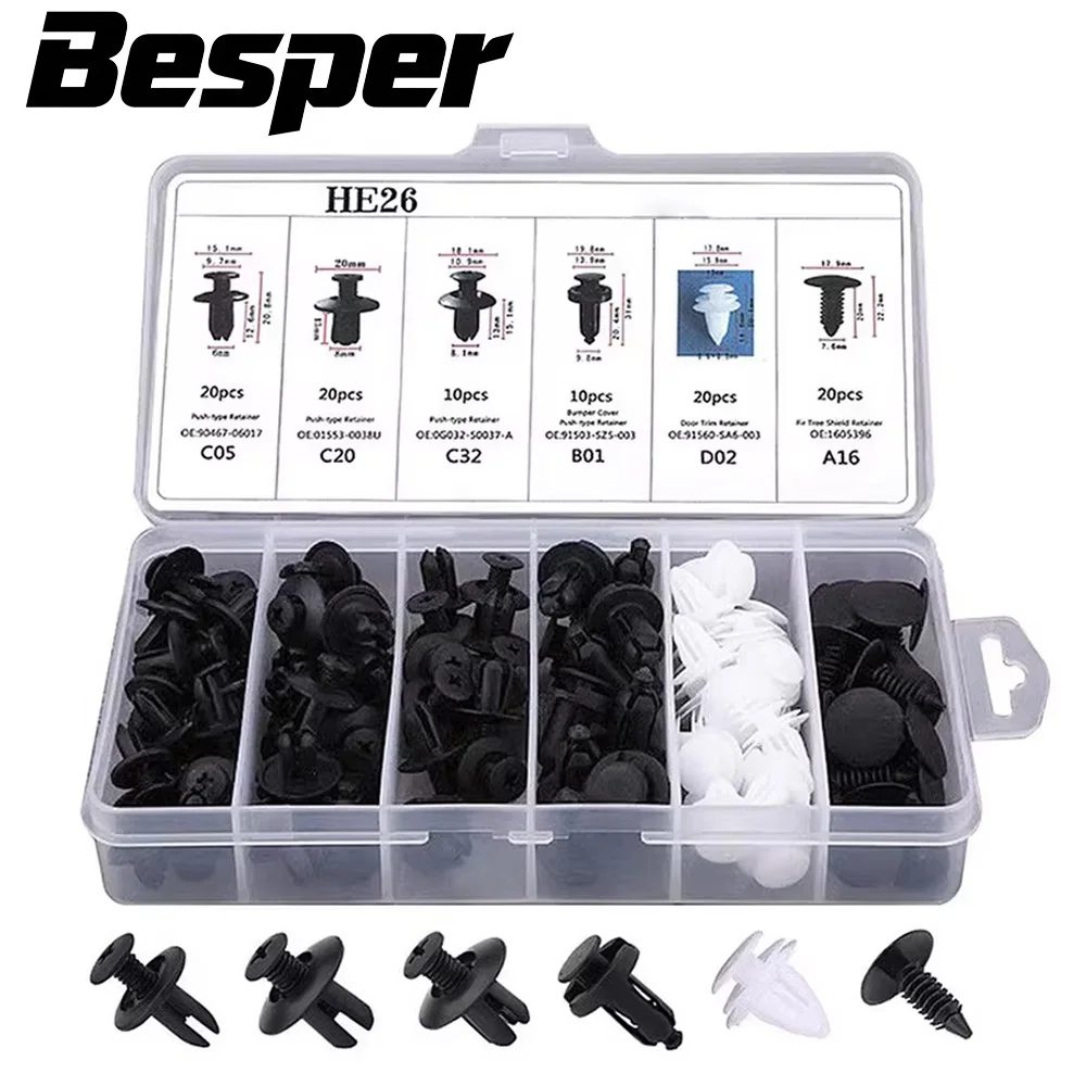 Auto-Befestigungsclips, gemischtes Set für Karosserie, Drucknieten, Stoßstangen, Türverkleidungen, Befestigungskit, Auto-Clips, 100/50 Stück, Box/Beutelverpackung