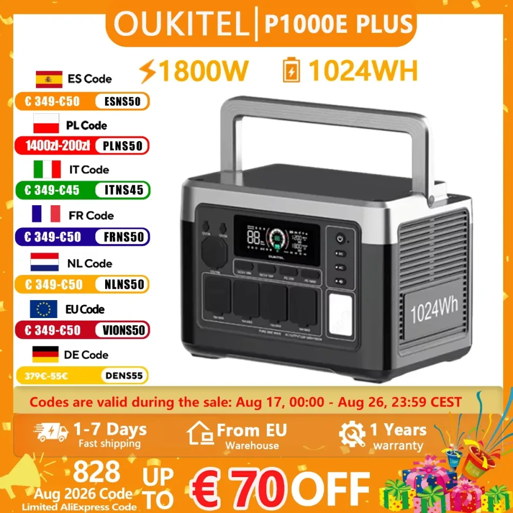 OUKITEL P1000E PLUS 1800W Tragbare Powerstation 1024Wh LiFePO4-Akku Solargenerator, Notstromversorgung für Zuhause, Outdoor-Camping, mobile Stromversorgung