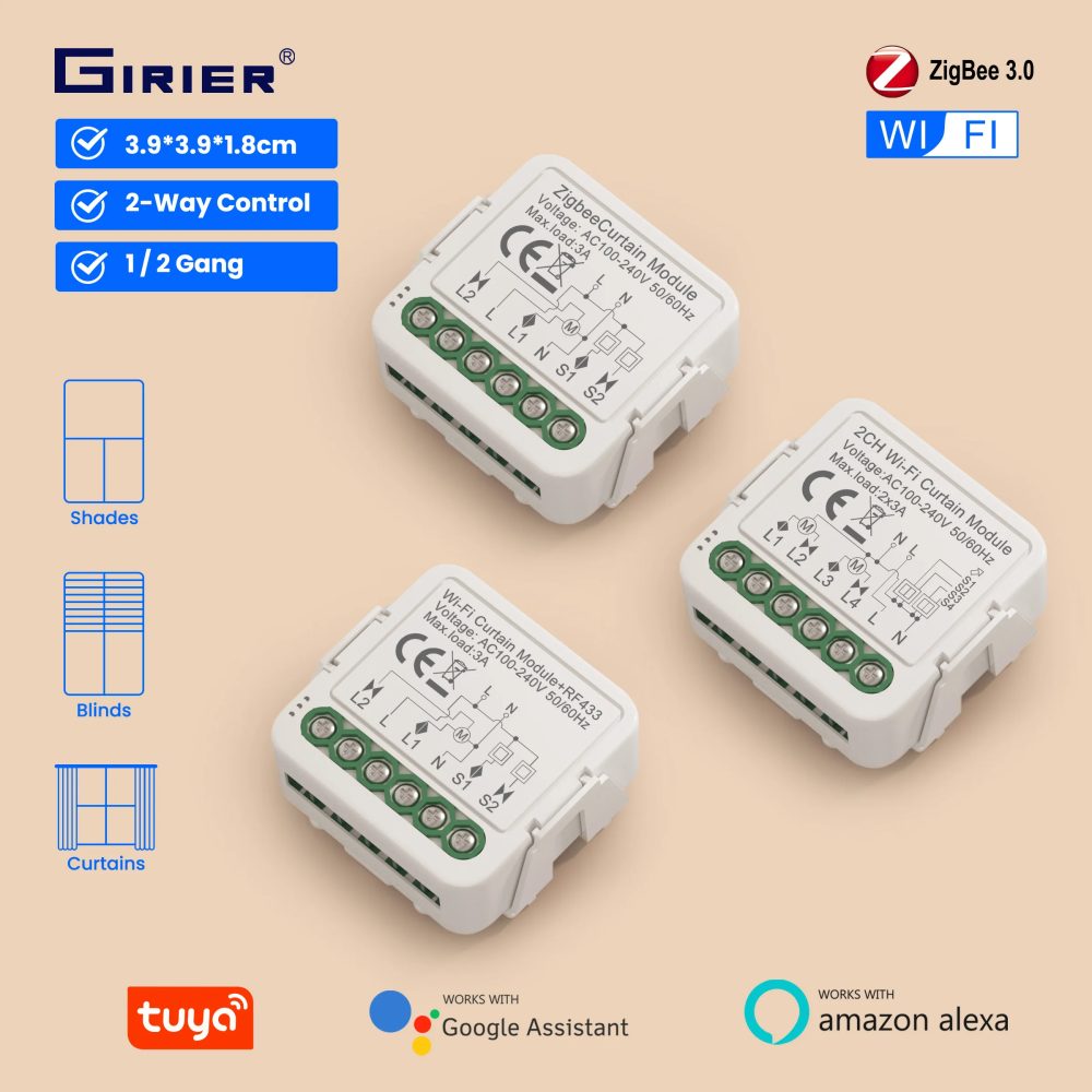 GIRIER Tuya Smart ZigBee/Wi-Fi RF433 Vorhangschaltermodul für elektrischen Rollladen-Jalousiemotor 1/2CH Funktioniert mit Alexa Hey Google