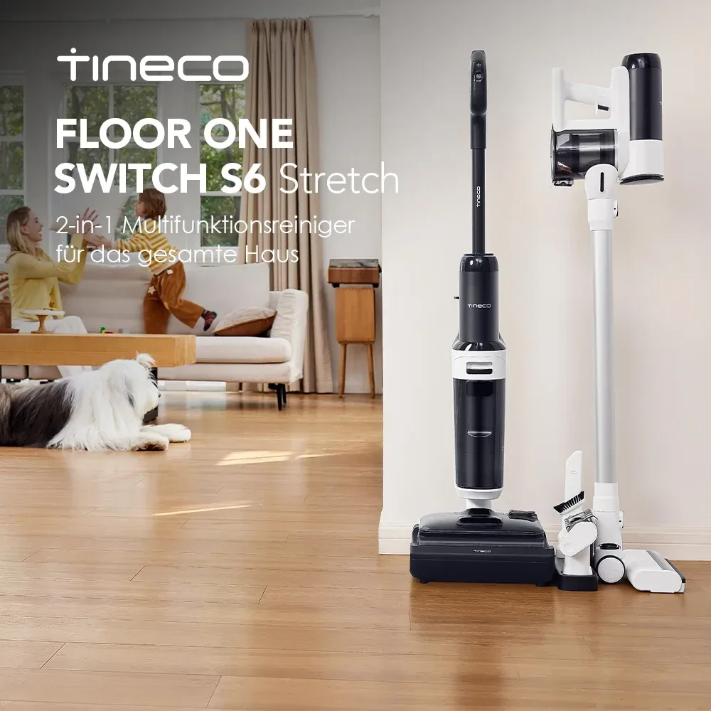 Tineco Floor ONE Switch S6 Stretch Nass Trockensauger, 180° Lay-Flat, Anti-Tangle, 85? Schnelltrocknend, 40min Nasssauger, 50min Staubsauger, 21kpa Doppelkante Reinigung des Ganze Haus & unter Möbeln
