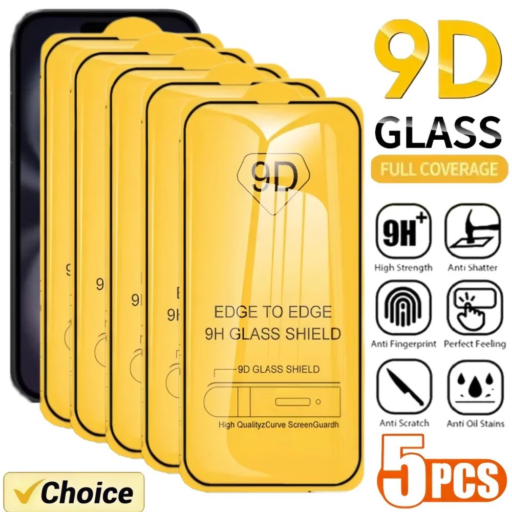 5 Stück 9D Hartglas Displayschutzfolie für iPhone 17 Pro Max, 17 Pro, 14 Plus, 17 Air, HD Bildschirmschutz für 15, 16 Pro Max, 11, 12, 13 Mini, XS Max
