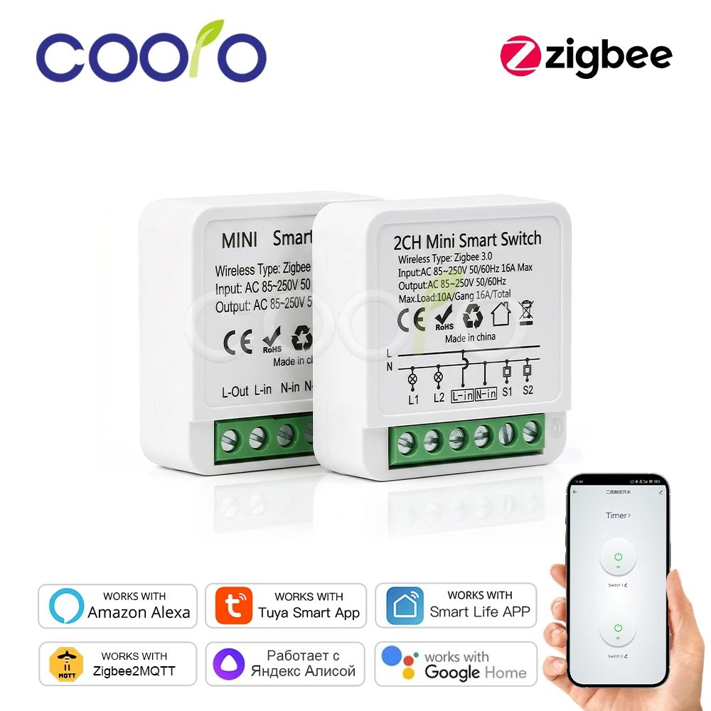Zigbee 16A 1CH/2CH Smart Switch Breaker Mini Smart Home Relais-Automatisierungsmodul funktioniert mit Tuya Hub Smart Life Alexa Google Home.