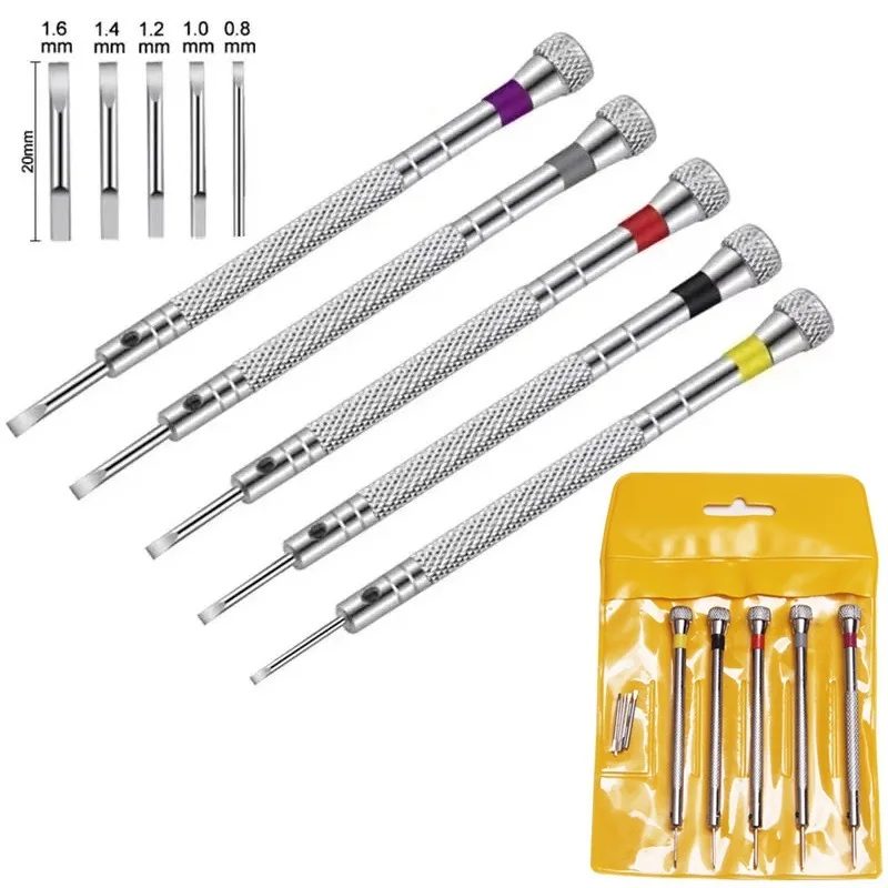 0,8?1,6 mm Stahl-Schraubendreher für die Uhrenreparatur, tragbare Uhrenwerkzeuge, Bandentfernung mit Mini-Link-Stiften, Uhrmacherwerkzeuge, 5 Stück/Set