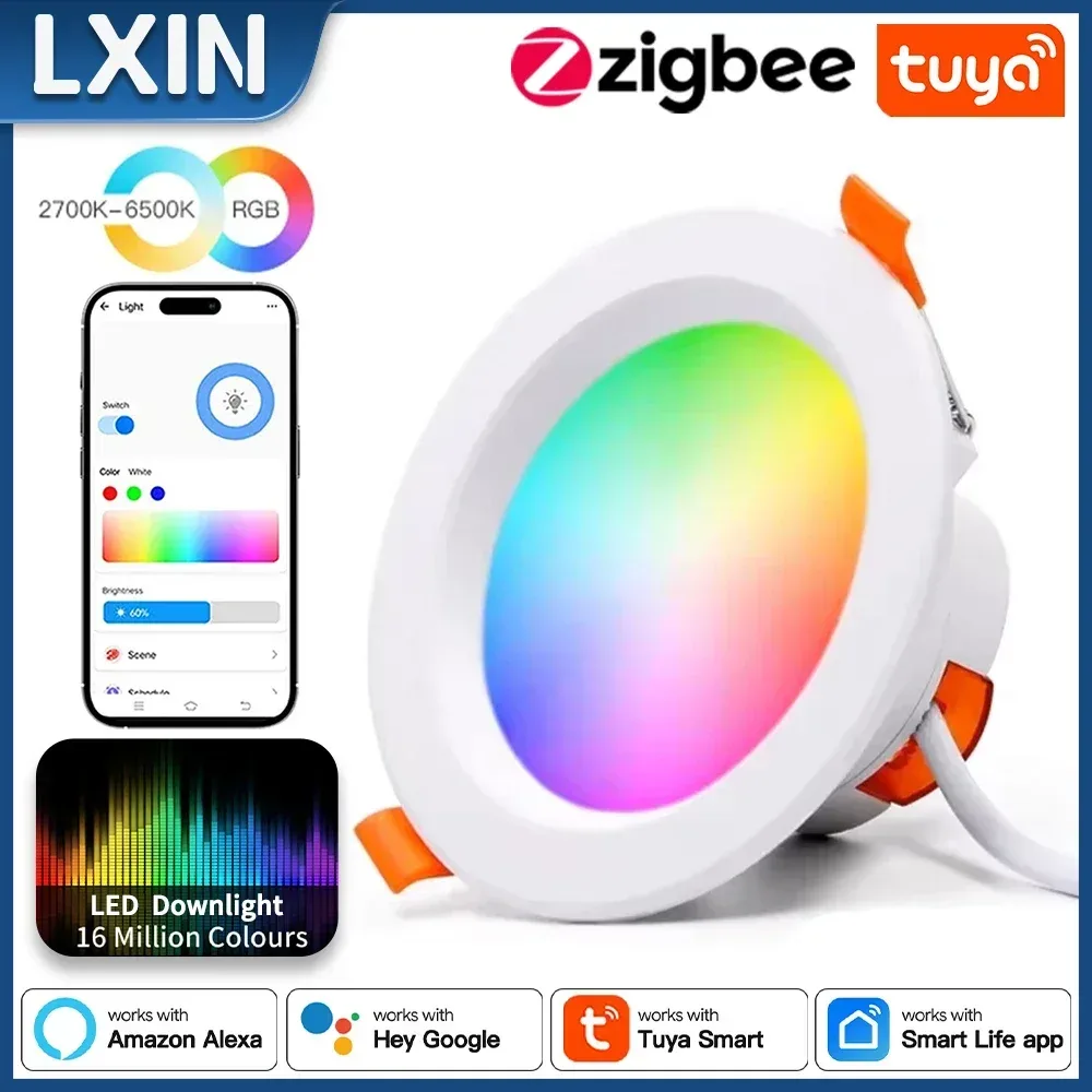 Lxin Tuya Downlight Zigbee3.0, Smart 5/7/10/15W LED Dimmbarer Spotstrahler, RGBCW Farbwechsel Warm-Kalt-Lampe, Sprachsteuerung mit Alexa Google Home