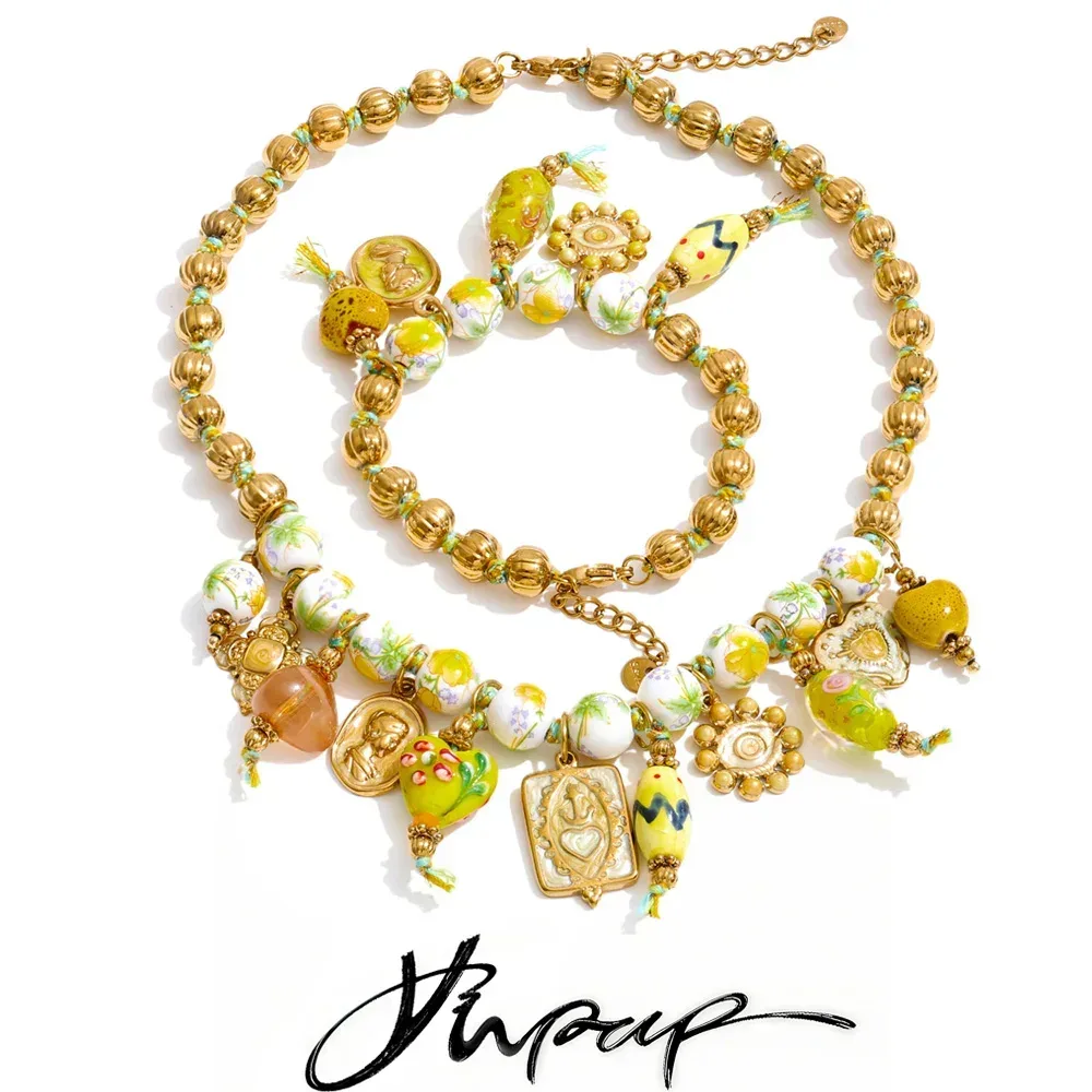 Yhpup 2026 Europa Handgefertigter Schmuck Sommer-Stil Perlenkette Keramik-Herz-Augen-Tropfen-Charm Halskette Armband Vintage-Set Schmuck