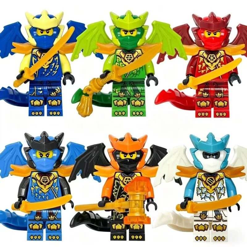 Die neue Drachenform-Charakterengruppe, zweifarbige Spritzguss-Bausteine, menschliche Spielzeugfiguren, kleine Ornamente.