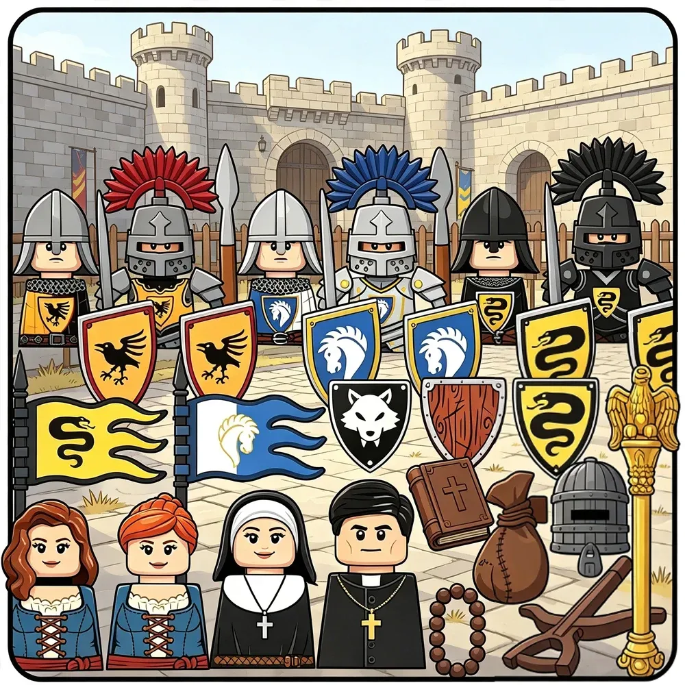 Mittelalterliche Burg-Ritter-Figuren, Bausteine, Soldaten, Miliz, Adlige, Nonne, Mönch, Zubehör, Stab, Rosenkranz, Helm, Schild, Kinderspielzeug, Geschenk
