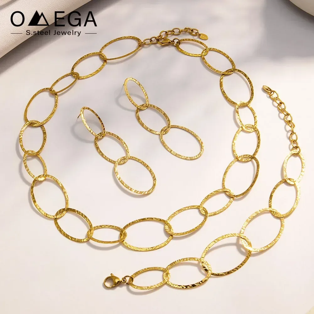 Edelstahl ovale Kette Halskette Armband Ohrringe für Frauen 18 Karat vergoldet Halsketten Armbänder baumelnde Ohrringe Schmuckset