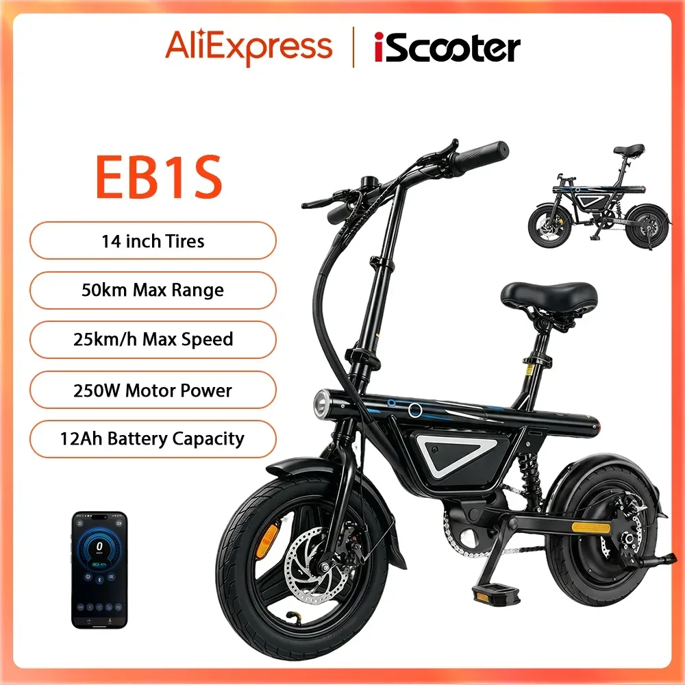IScooter 14 Zoll EB1S Elektrofahrrad 250W Motor 36V 12Ah Batterie 30-50KM Reichweite Faltbares E-Bike mit APP Stadtfahrrad E-Bike