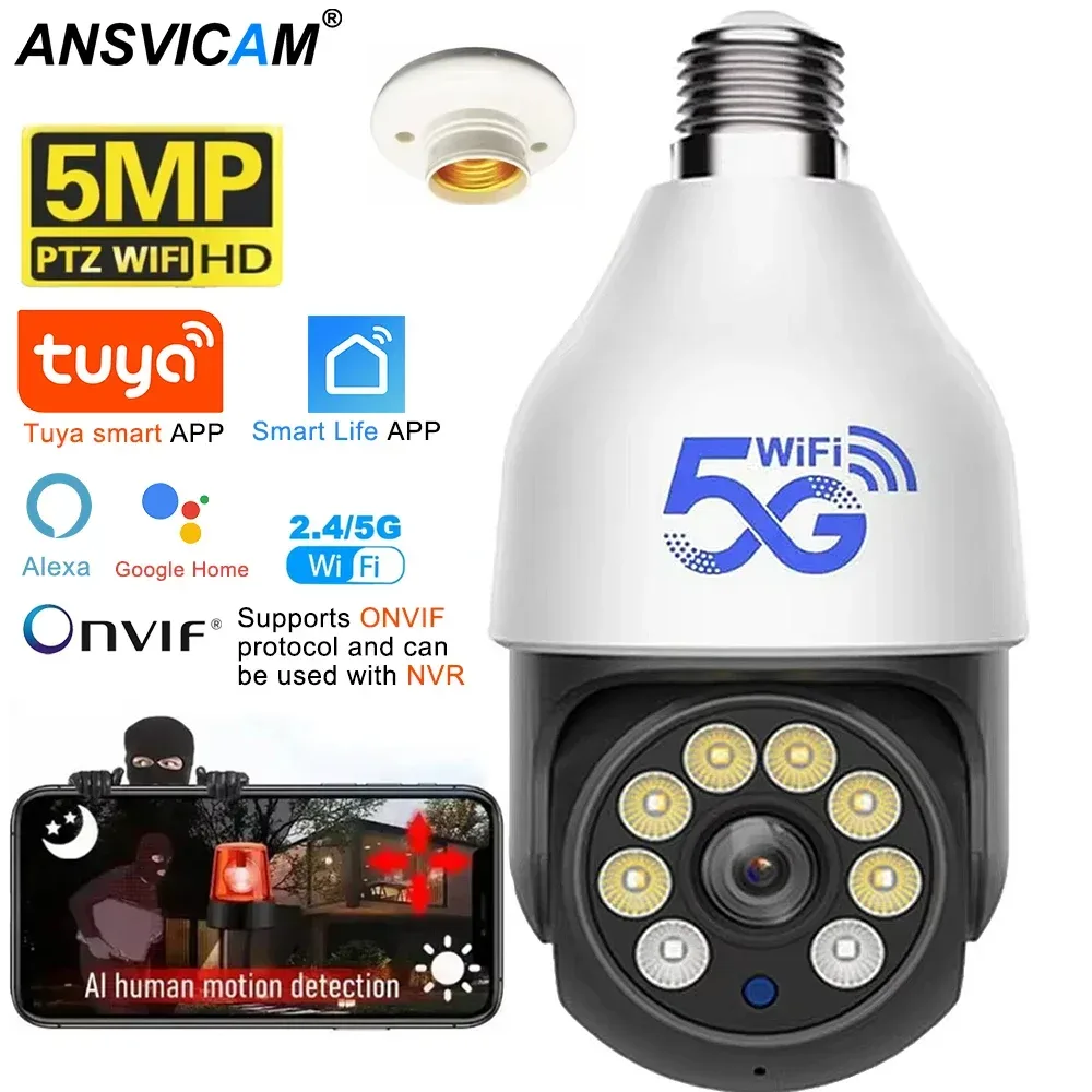 5MP 5G WLAN-Glühbirnenkamera TUYA Smart Life PTZ Außenkamera Kompatibel mit Alexa Google Home Nachtsicht Menschenerkennung Wasserdicht