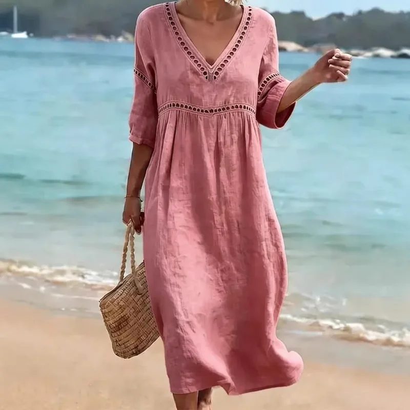 Frühling Sommer Neues Damenkleid mit V-Ausschnitt Europäisch-Amerikanischer Stil Einfarbig Elegantes Lässiges Alltagskleid