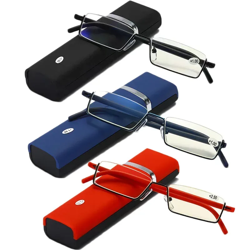 Flexible Halbrahmen-Lesebrille mit Box für Männer und Frauen, tragbare Anti-Blau-Brille, Unisex, Presbyopie-Brille +1,0 bis +4,0