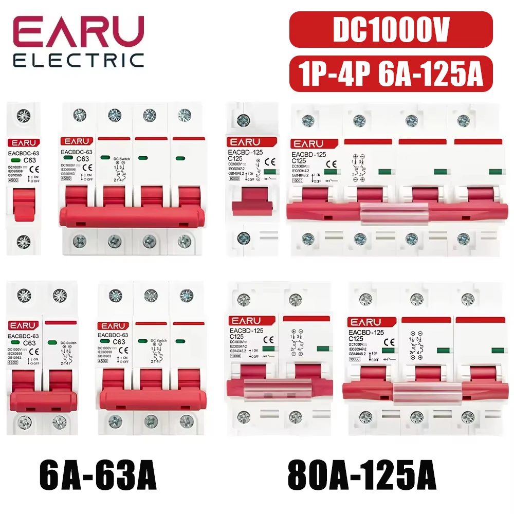 DC 1000V 1P 2P 3P 4P Solar-Miniatur-Leistungsschalter Überlastschutzschalter 6A~63A/80A 100A 125A MCB für Photovoltaik-PV-Systeme