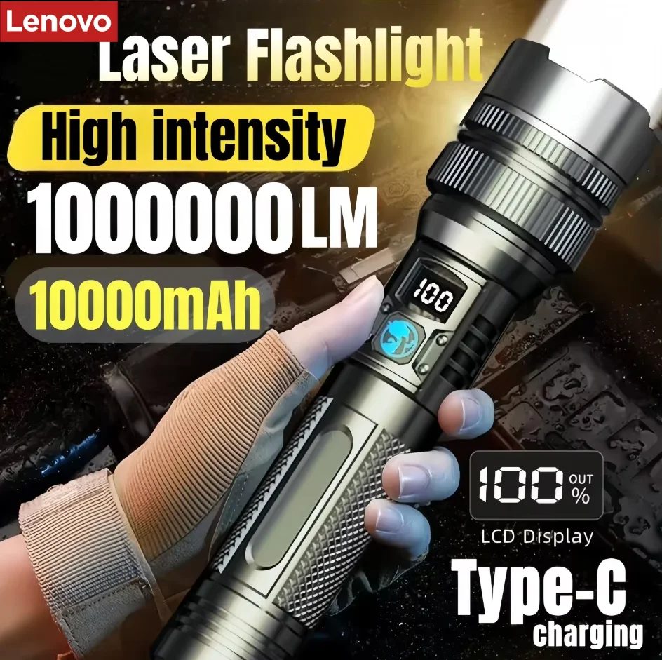 Lenovo 1000000LM Superhelle LED-Taschenlampe, wiederaufladbar, USB-C, digitales Display, IPX8, wasserdicht, langlebig, für Camping und Notfälle