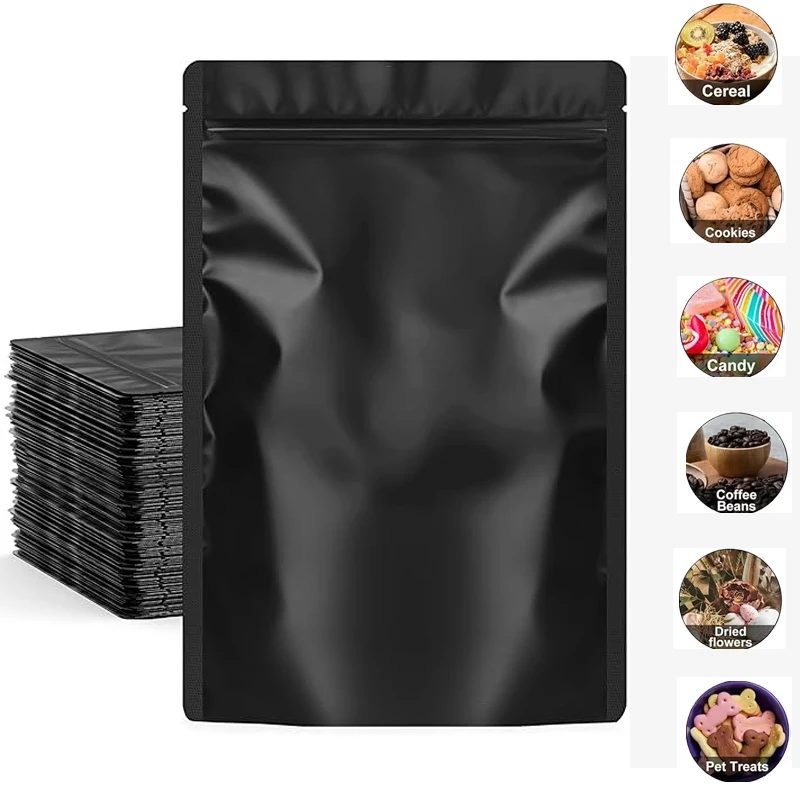50 Stück wiederverschließbare Kaffee-Kräuterpulver-Reißverschluss-Packungsbeutel, geruchsdicht, flache Beutel, mattschwarz, kleine Aluminiumfolie mit Reißverschluss