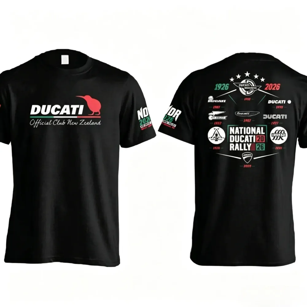 Vintage Biker Club T-Shirt für Männer DUCATI Kiwi Bird Vorder- und Rückseite Bedrucktes Kurzarm-Shirt Motorrad Rallye 2026 Casual Streetwear