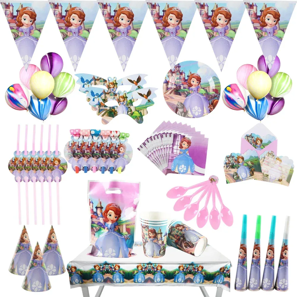 Sofia Prinzessin Geburtstagsparty Dekorations-Set Einweg-Partybesteck Baby-Shower Banner Servietten Hornhut Sofia