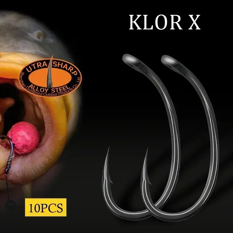10 stücke Karpfen Angeln Haken Gebogene Lange Schaft Schnabel Punkt PTFE Beschichtung Micro Stacheldraht Größe 2/4/6/8 für Schleife Haar Rig