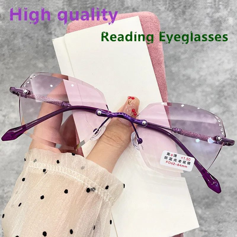 Neue Frau hochwertige randlose Lesebrille blockiert blaues Licht Farbverlauf Antiblulet, Brillenmode
