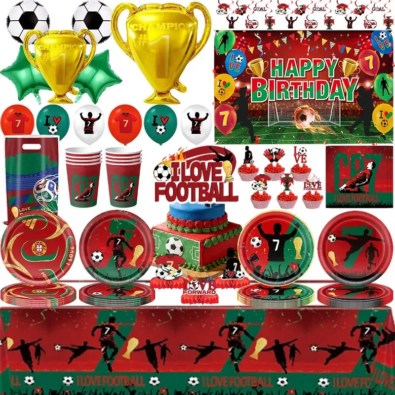 Geburtstagsdekoration CR7 Fußball-Themenparty-Zubehör Geschirr Teller Becher Servietten Tischdecke Fußballstar-Fans Partys Ballon-Set
