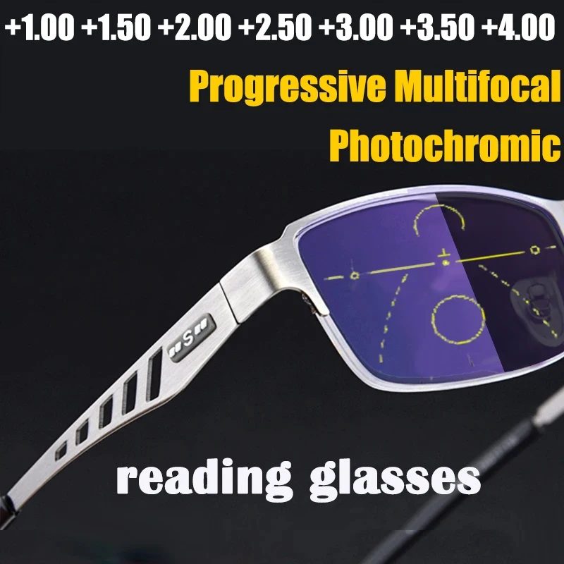 2025 Anpassung Photochrome Multifokale Lesebrille Männer Progressive Anti-Blue Ray Business Brille Halbrahmen + 1,0-3,5