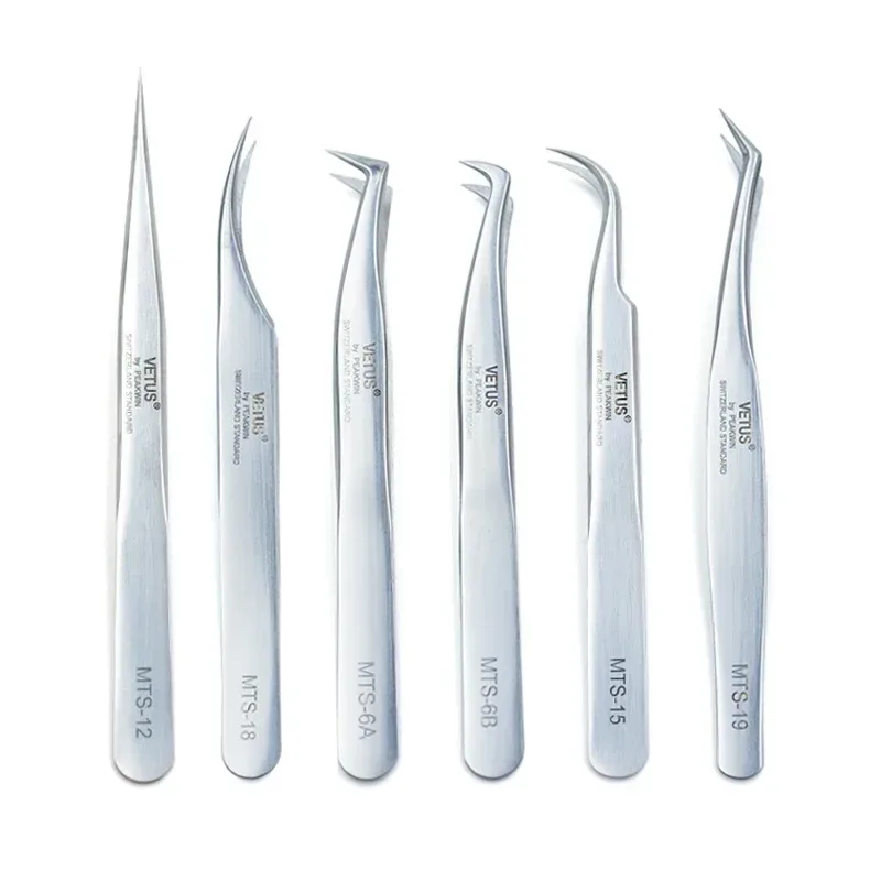 VETUS Original neue silberne Pinzette der MTS-Serie für Wimpernverlängerungen, Edelstahl, hyperfeine Spitze, antistatische ESD-Pinzette