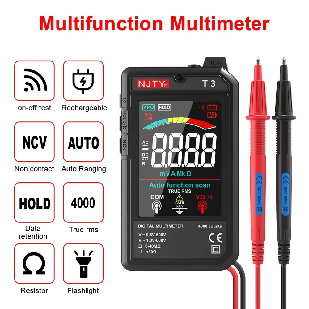NJTY T3 MINI Smart Digital Multimeter Farbbildschirm USB wiederaufladbar 4000 Zählungen automatische Bereichswahl Spannungswiderstand NCV Live Wire